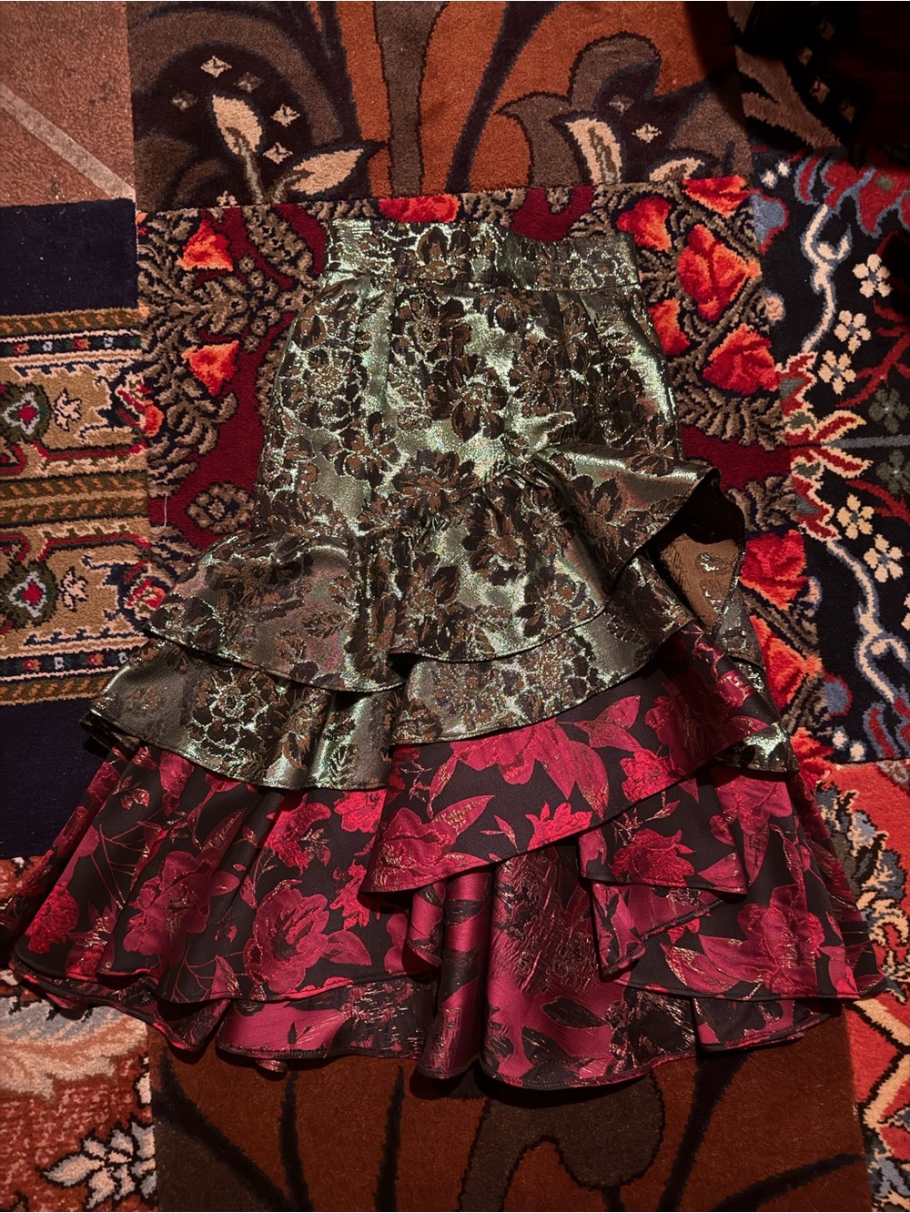 Asymmetrical Layered Floral Ruffle Skirt - Green & Burgundy Brocade 6
